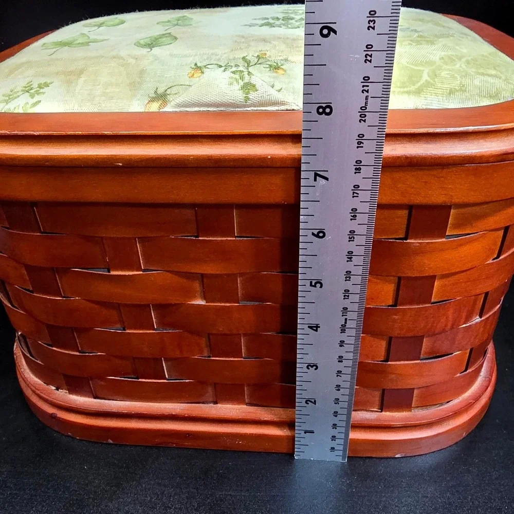 Handwoven Basket Swing Handle Lid Liner Wood Tray Brown Leaf Pattern Cottagecore
